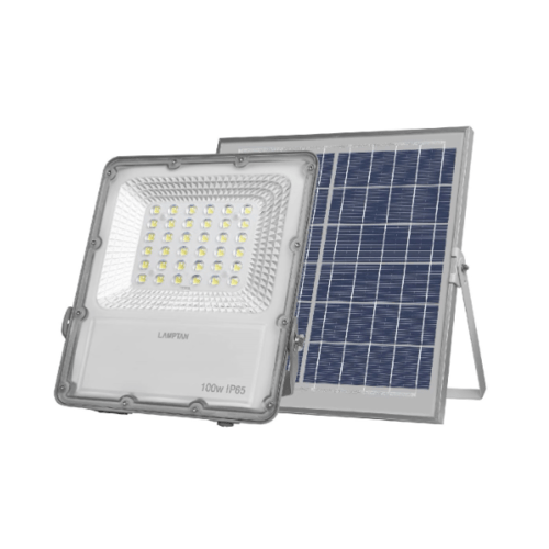 LAMPTAN โคมไฟฟลัดไลท์ โซล่าร์เซลล์ LED 100W แสงเดย์ไลท์ สมาร์ทเซ็นเซอร์ โซลิด + รีโมท IP65 สีเทา