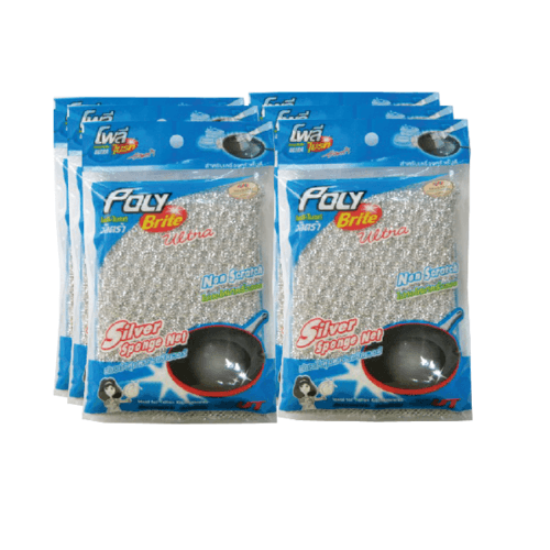 POLY-BRITE ฟองน้ำใยขัดอัลตร้าซิลเวอร์ ขนาด 9x13x2 ซม. 6ชิ้น/แพ็ค รุ่น 415-6 สีเงิน
