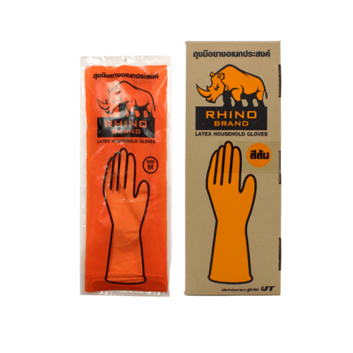 ถุงมือยางอเนกประสงค์สีส้ม (Size M) Rhino  (12คู่/กล่อง)