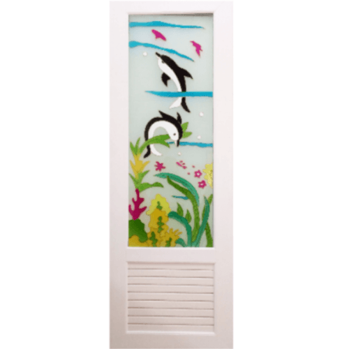 ประตู UPVC กระจกเพ้นลายปลาโลมา พร้อมวงกบ U01 70cm.x200cm. สีขาว ไม่เจาะ OK