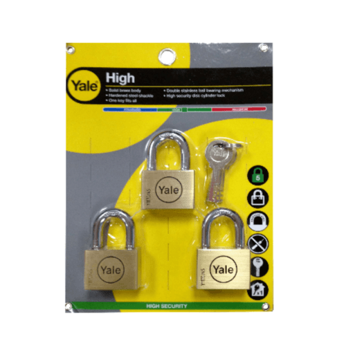 YALE กุญแจคล้องทองเหลืองระบบคีย์อะไลค์ ขนาด 45 มม.ห่วงสั้น แพ็ค 3 รุ่น Y117D/45/127/3 สีทองเหลือง