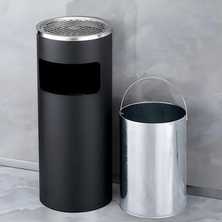 Kleanzy ถังขยะเหล็กเคลือบทรงกลม  พร้อมที่เขี่ยบุหรี่ A-30C  ขนาด 25×25×61ซม  สีดำ