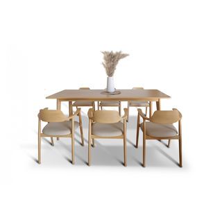 ชุดโต๊ะอาหารไม้สักแท้ รุ่นขาเฉียงเก้าอี้ฮิโรชิม่า 6 ที่นั่ง ขนาด 200x90x80ซม. สีสักทอง สไตล์มินิมอล