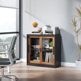 SMITH  ตู้เก็บเอกสารแบบกระจกบานเลื่อน รุ่น Archie ขนาด 40x90x90ซม. สีไม้-ดำ