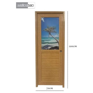 WELLINGTAN ประตูยูพีวีซีกระจกสกรีนลายทะเลพร้อมวงกบและบานพับ รุ่นJM-067 ขนาด 70x200ซม. สีน้ำตาล (เจาะลูกบิด)