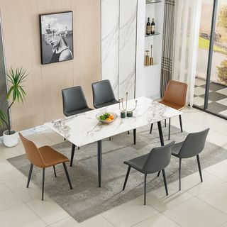 (1/4)DELICATO ชุดโต๊ะอาหารท็อปลายหินอ่อน 6 ที่นั่ง รุ่น Maru-180 ขนาดโต๊ะ 90x180x75 ซม. ขนาดเก้าอี้ 51x58x83 ซม. สีขาว