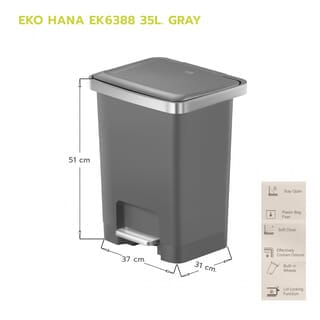 EKO ถังขยะพลาสติกขาเหยียบเหลี่ยม 35 ลิตร รุ่น HANA EK6388-GRY ขนาด 37x31x51ซม. สีเทา