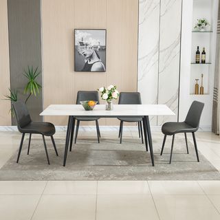 (1/3)DELICATO ชุดโต๊ะอาหารท็อปลายหินอ่อน 4ที่นั่ง รุ่น Maru-160 ขนาดโต๊ะ 90x160x75 ซม. ขนาดเก้าอี้ 51x58x83 ซม. สีขาว