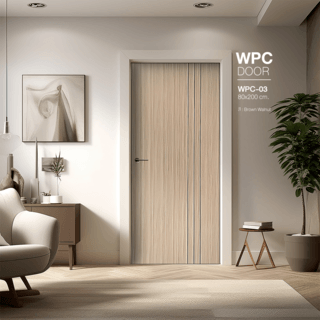 WELLINGTAN ประตู WPC รุ่น WPC-03 (สำหรับใช้ภายใน) บานทึบเซาะร่องดำ ขนาด 80x200 ซม. สีBrown Walnut (ไม่เจาะลูกบิด)