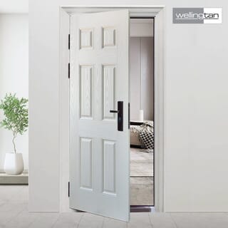 WELLINGTAN ประตูไฟเบอร์กลาส รุ่น P06-K01 80x200 ซม.  สีขาวลายโอ๊ค  (เจาะลูกบิด)