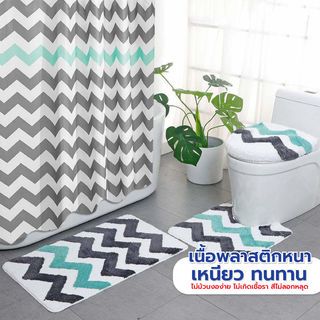 Primo ม่านห้องน้ำโพลีเอสเตอร์ ลายกราฟฟิกคาดฟ้า รุ่น DDF001-BU ขนาด 180x180 ซม. สีเทา
