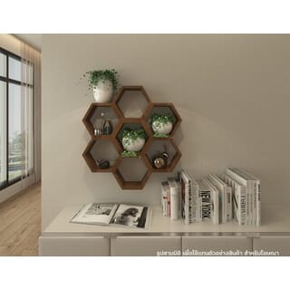 รังผึ้ง 6 ช่อง ทรงกลม ที่แขวนผนังไม้สัก ขนาด 75x75 ซม. สีไม้สักเข้ม