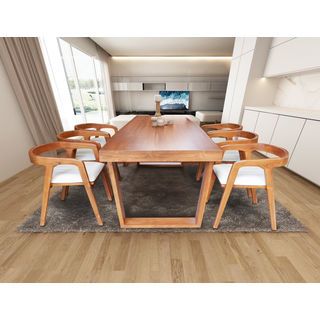 ชุดโต๊ะอาหารไม้สักแท้ รุ่นคางหมูเก้าอี้หลังโค้ง 6 ที่นั่ง ขนาด 200x90x80ซม. สีสักทอง สไตล์มินิมอล