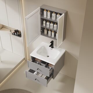 Verno ชุดเคาน์เตอร์อ่างล้างหน้าอะลูมิเนียม พร้อมตู้กระจก 60x47x48 cm. รุ่น คาร่า 6603-60 สีเทา (½)