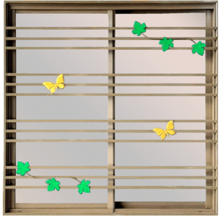 WELLINGTAN (LIKE) หน้าต่างอะลูมิเนียมพร้อมเหล็กดัด บานเลื่อน SS 100x100ซม. สีชา พร้อมมุ้ง (ใบไม้ผีเสื้อ)