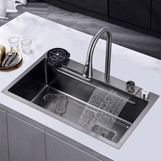 KOCH KITCHEN อ่างล้างจานฝังบน 1 หลุมไม่มีที่พัก 304SS 75x46x22 ซม. MARTIN สีดำพรีเมี่ยม