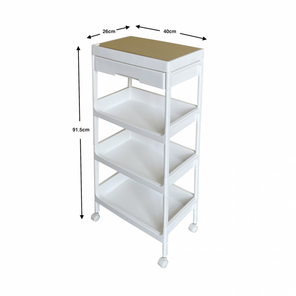 GOME ชั้นวางพลาสติกท็อปไม้ 4 ชั้น พร้อมถาดลิ้นชัก รุ่น GD915WH ขนาด 40X26X91.5 CM. สีขาว