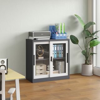 SMITH  ตู้เก็บเอกสารแบบกระจกบานเลื่อน  รุ่น Arlo ขนาด 40x90x90ซม. สีขาว-เทา