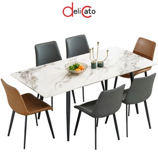 (1/4)DELICATO ชุดโต๊ะอาหารท็อปลายหินอ่อน 6 ที่นั่ง รุ่น Maru-180 ขนาดโต๊ะ 90x180x75 ซม. ขนาดเก้าอี้ 51x58x83 ซม. สีขาว
