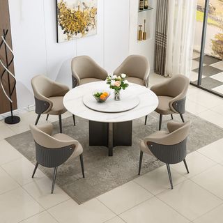 (1/6)DELICATO ชุดโต๊ะอาหารท็อปลายหินอ่อน 6 ที่นั่ง รุ่น Marblezen ขนาดโต๊ะทรงกลม 135 ซม. ขนาดเก้าอี้ 59x65x83 ซม. สีขาว