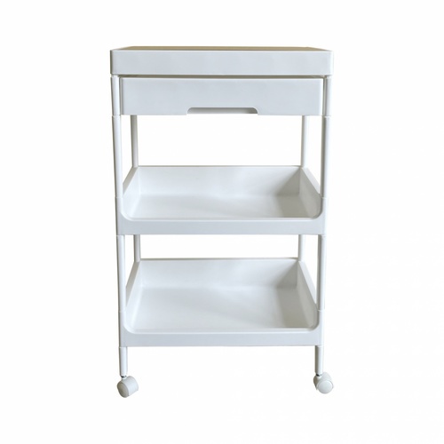 GOME ชั้นวางพลาสติกท็อปไม้ 3 ชั้น พร้อมถาดลิ้นชัก รุ่น GD680WH ขนาด 40X26X68 CM. สีขาว