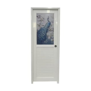 WELLINGTAN ประตู UPVC กระจกสกรีนลายนกยูงพร้อมวงกบและบานพับ รุ่นJM-064 ขนาด 70x200ซม. สีขาว (เจาะลูกบิด)