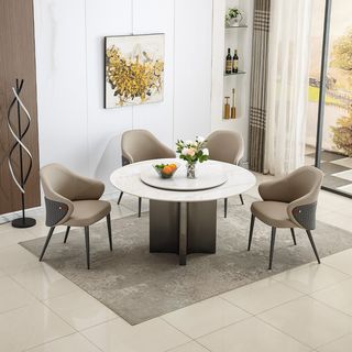 (1/6)DELICATO ชุดโต๊ะอาหารท็อปลายหินอ่อน 6 ที่นั่ง รุ่น Marblezen ขนาดโต๊ะทรงกลม 135 ซม. ขนาดเก้าอี้ 59x65x83 ซม. สีขาว