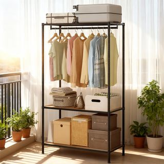 HAWDD ราวแขวนตั้งพื้นพร้อมชั้นวางของพื้นไม้ รุ่น Veeva ขนาด 45x90x180ซม.สีเทา