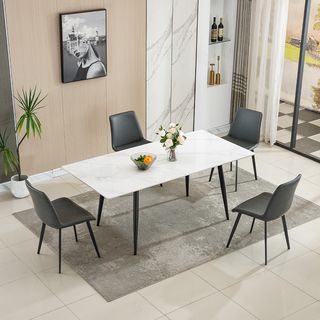 (1/3)DELICATO ชุดโต๊ะอาหารท็อปลายหินอ่อน 4ที่นั่ง รุ่น Maru-160 ขนาดโต๊ะ 90x160x75 ซม. ขนาดเก้าอี้ 51x58x83 ซม. สีขาว