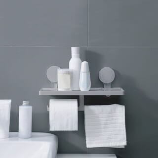 Primo หิ้งวางของ พร้อมที่แขวนกระดาษชำระ 2 แกน พลาสติก รุ่น Ash-05 ขนาด 11x32x17 ซม. สีเทา