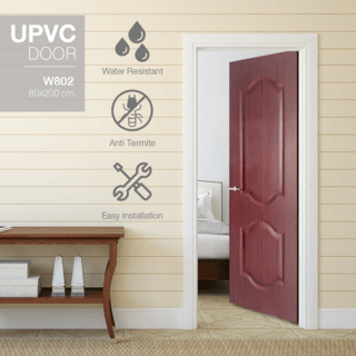 WELLINGTAN ประตูภายใน UPVC บานทึบ 2 ฟักโค้ง รุ่น UPVC-W802 ขนาด 80x200 ซม. สี Red wood
