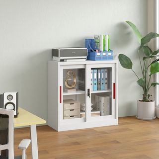 SMITH  ตู้เก็บเอกสารแบบกระจกบานเลื่อน  รุ่น Artie ขนาด 40x90x90ซม. สีขาว-แดง