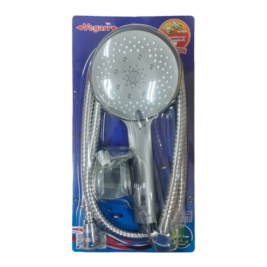 VEGARR ฝักบัวสีเทาควันปืน หน้าลายดาว  5 ระบบ  พร้อมสายแสตนเลส ยาว 120 ซม น็อต-ถ้วย  ทองเหลืองชุบโครเมี่ยม A303S/VC