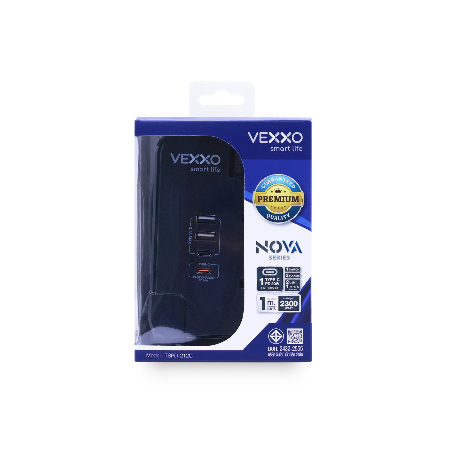 VOX รางปลั๊กไฟ 2 ช่อง 1 สวิตซ์  2 USB 2 Type C PD20W Fast charge รุ่น  F5ST3-NOB2-2134 1 เมตร. สีดำ