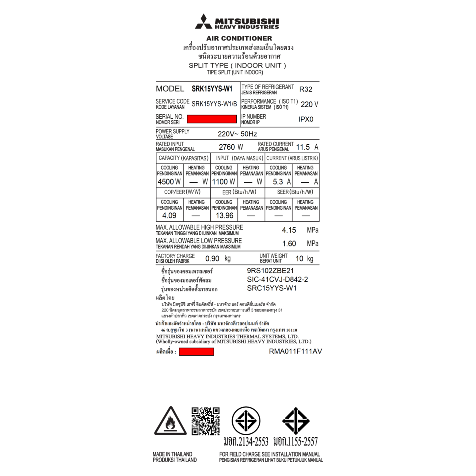 MITSUBISHI HEAVY DUTY เครื่องปรับอากาศ Deluxe Inverter ขนาด 15640 BTU SRK15YYS-W1/B คอยล์เย็น
