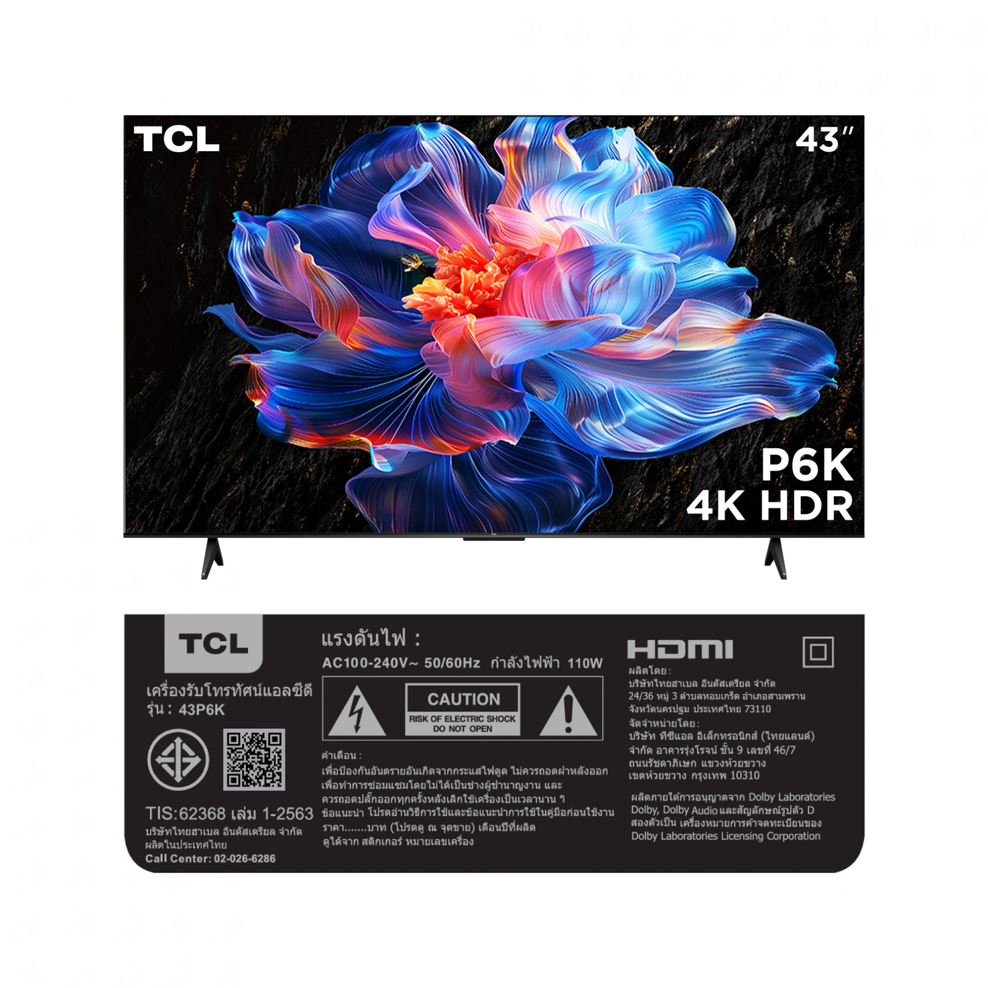 TCL โทรทัศน์ 4K LED TV ขนาด 43 นิ้ว รุ่น 43P6K สีดำ