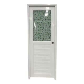 WELLINGTAN ประตู UPVC กระจกสกรีนลายดอกไม้สีเขียวพร้อมวงกบและบานพับ รุ่นJM-065 ขนาด 70x200ซม. สีขาว (เจาะลูกบิด)