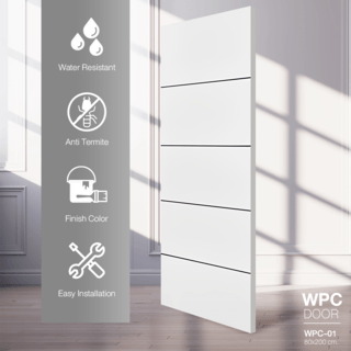 WELLINGTAN ประตู WPC รุ่น WPC-01 (สำหรับใช้ภายใน) บานทึบเซาะร่องดำ ขนาด 80x200 ซม. สีขาวมุข (ไม่เจาะลูกบิด)