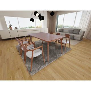 ชุดโต๊ะอาหารไม้สักแท้ รุ่นขาเฉียงเก้าอี้ฮิโรชิม่า 6 ที่นั่ง ขนาด 200x90x80ซม. สีสักทอง สไตล์มินิมอล