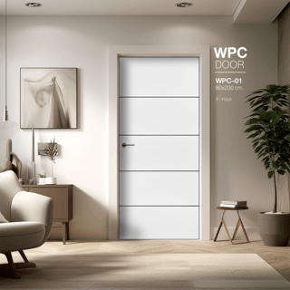 WELLINGTAN ประตู WPC รุ่น WPC-01 (สำหรับใช้ภายใน) บานทึบเซาะร่องดำ ขนาด 80x200 ซม. สีขาวมุข (ไม่เจาะลูกบิด)