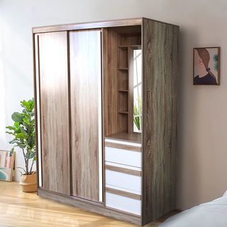 DELICATO ตู้เสื้อผ้าสองบานเลื่อน โต้ะเครื่องแป้งในตัว  รุ่น อปาเช่  ขนาด180x60x200 ซม. สีทูโทนน้ำตาล/ขาว