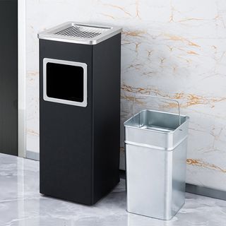 Kleanzy ถังขยะเหล็กเคลือบทรงเหลี่ยม . พร้อมที่เขี่ยบุหรี่  A-24C ขนาด  24×24×61ซม  สีดำ