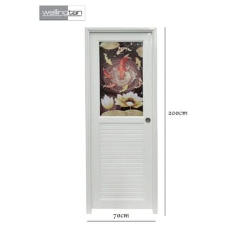 WELLINGTAN ประตูยูพีวีซีกระจกสกรีนลายปลาคาร์ฟ (เฉพาะบาน) รุ่นJM-068 ขนาด 70x200ซม. สีขาว (เจาะลูกบิด)