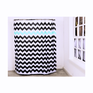 Primo ม่านห้องน้ำโพลีเอสเตอร์ ลายกราฟฟิกคาดฟ้า รุ่น DDF001-BU ขนาด 180x180 ซม. สีเทา