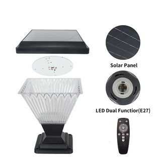 EILON โคมไฟหัวเสาโซลาร์เซลล์ทรงเหลี่ยมลายตรง 15W ปรับได้ 2 แสง พร้อมรีโมทคอลโทรล รุ่น EZTD-FZSW-15W สีดำ