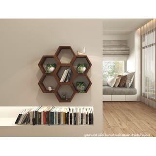 รังผึ้ง 6 ช่อง ทรงกลม ที่แขวนผนังไม้สัก ขนาด 75x75 ซม. สีไม้สักเข้ม